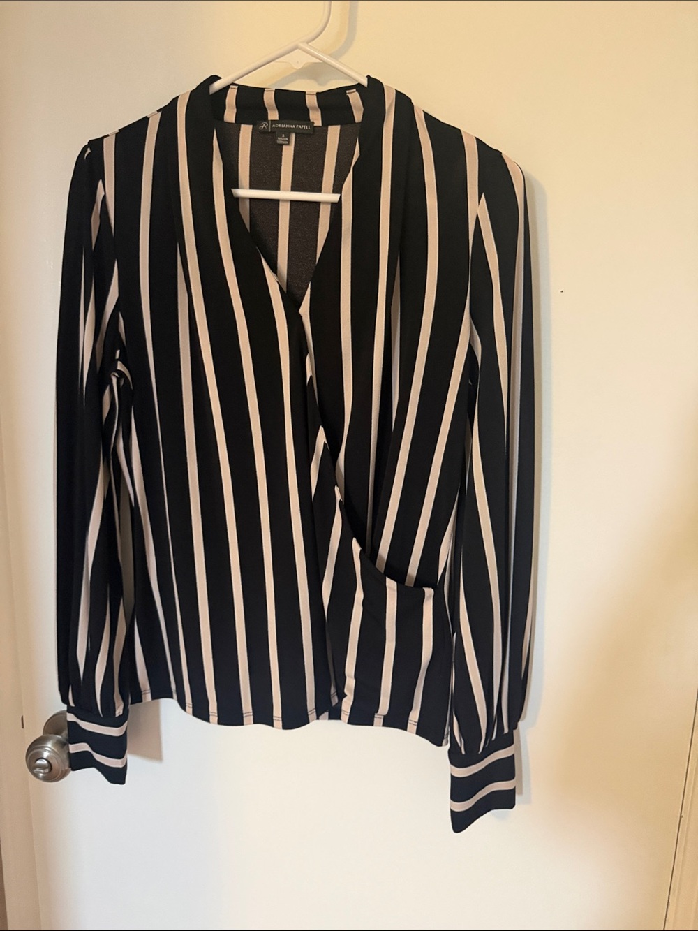 Adrianna Papell Black and White Vertical-Stripe Wrap Blouse